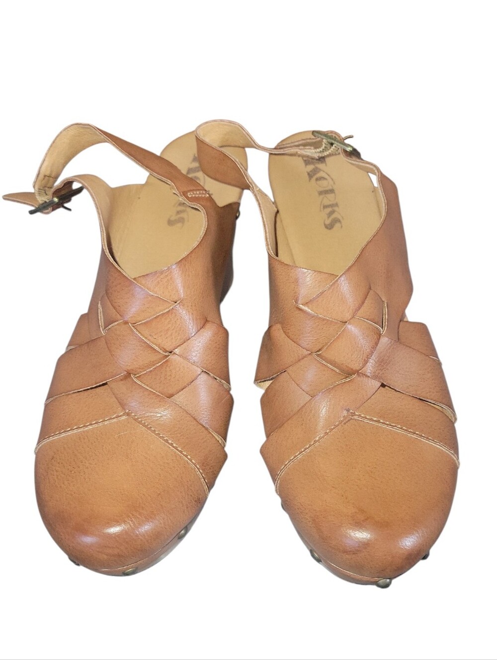 Korks Wynne Women's Brown Strappy Wood Heels Faux Leather Cushioned Clogs 8 M